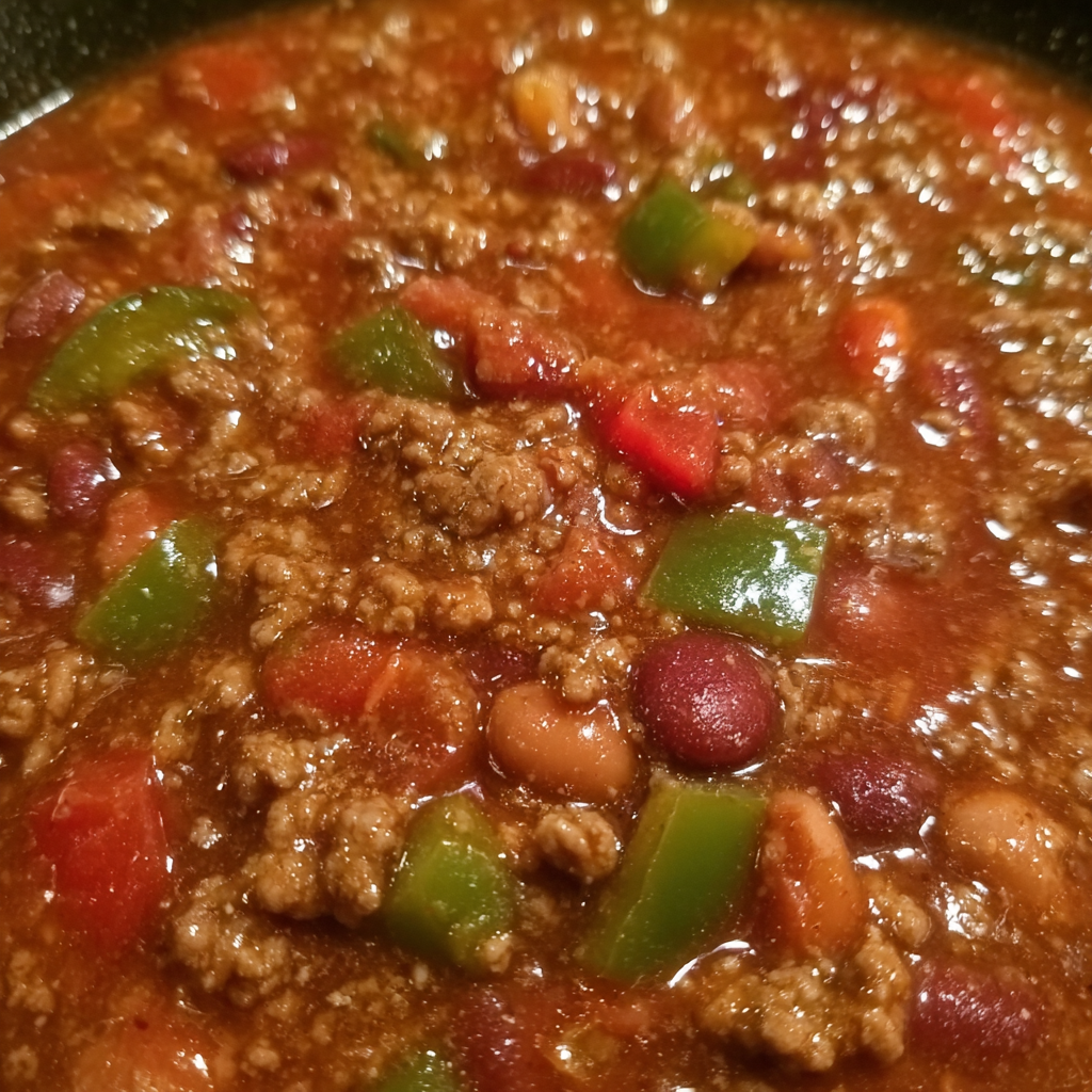 Bowl of Texas-style chili with beef, beans, and rich tomato sauce, topped with cheddar cheese and onions.